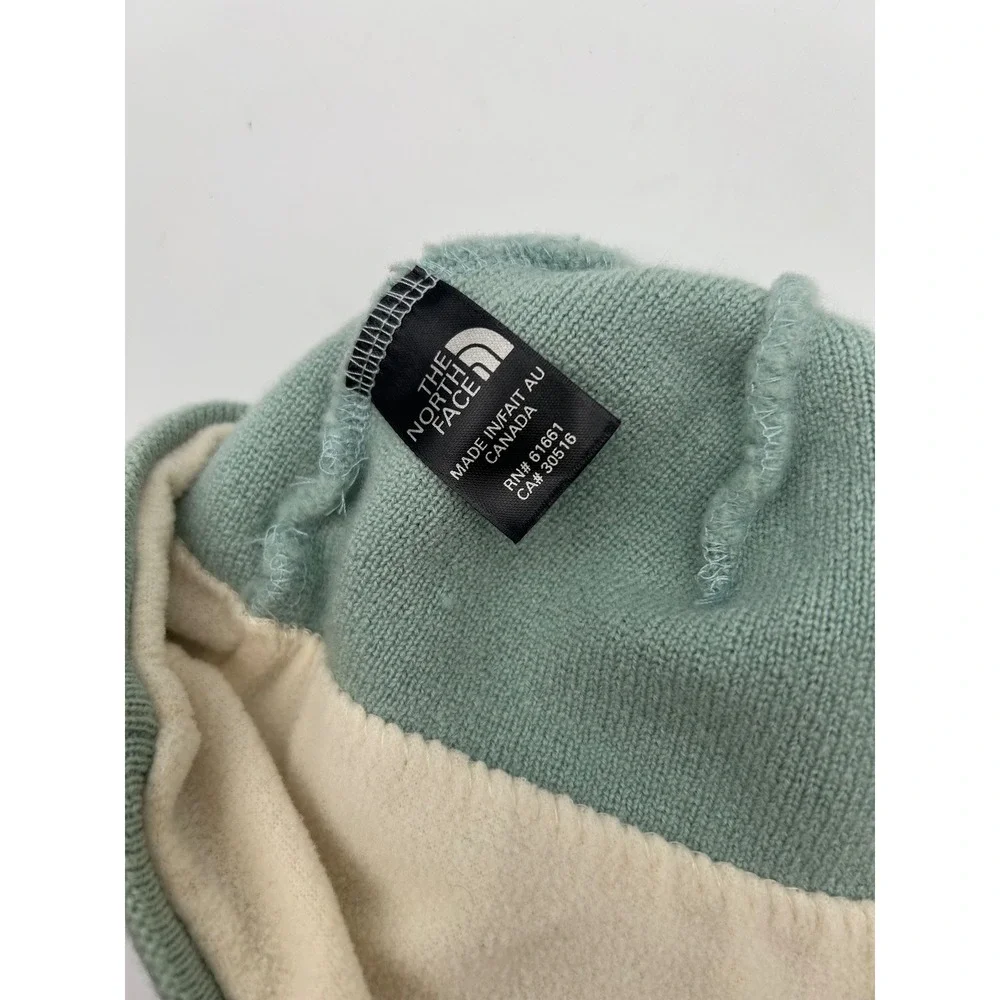 The North Face Wool Beanie Hat Seafoam Green Fleece Lined Striped Y2K Made in CA